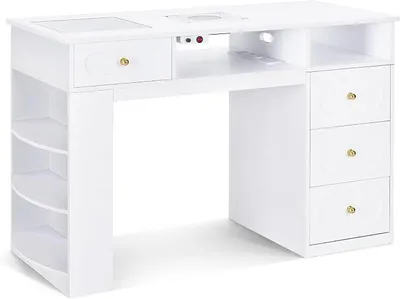 Produktbild von Manikürtisch mit 4 Schubladen, Regal, 2 Ablagen & Glasplatte, Nageltisch mit Absaugung & 2 Staubsaugerbeuteln, Nagelfrisiertisch Holz, Schreibtisch für Nagelstudio Weiß, 55x120x80cm, 2442