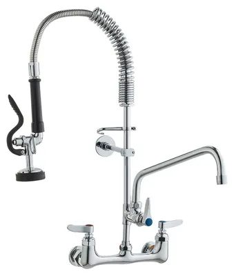Produktbild von Commercial Faucet with Pre-Rinse Sprayer, 25" Height, 8" Center, 12" Swing Spout, Wall Mount Kitchen Sink Faucet, Brass Constructed Device with Pull Down Spray, for 1/2/3 Compartment Sink