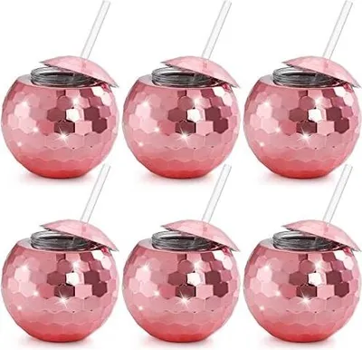 Produktbild von Nicunom 6 Stück 540 ml Discokugelbecher mit Deckel und Trinkhalmen, Wiederverwendbar Roségold, Pink, Discokugel, Cocktailbecher, glitzernd, Bar, Junggesellinnenabschied, Weintrinken, Tee, Flasche