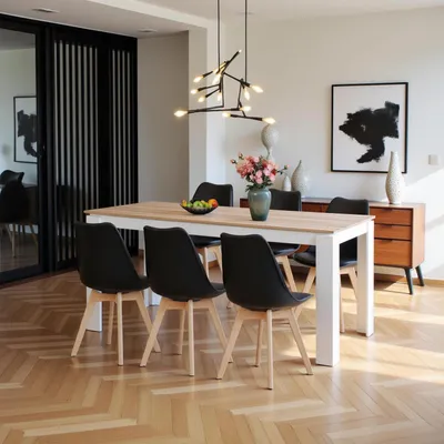 Image de Ensemble de salle à manger comprenant : 6 chaises, table rectangulaire de 160 cm, pieds de table en bois de chêne et blanc, structure noire