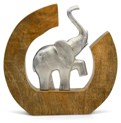 Produktbild von Skulptur „Leichtigkeit“ - Moderne Elefanten Deko Figur aus Aluminium und Mangoholz - Silberner Dekoelefant auf Baumscheibe, 24 cm groß - Dekofigur als Statue mit Holz