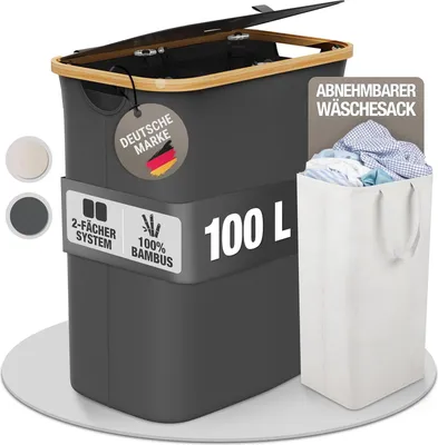 Image de Panier à linge avec 2 compartiments - Tissu de bambou - 100 litres - Gris
