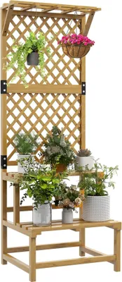 Produktbild von Blumentreppe Holz 2 Stufen mit Rankhilfe Dach, Pflanzentreppe Gelb 60x50x166cm