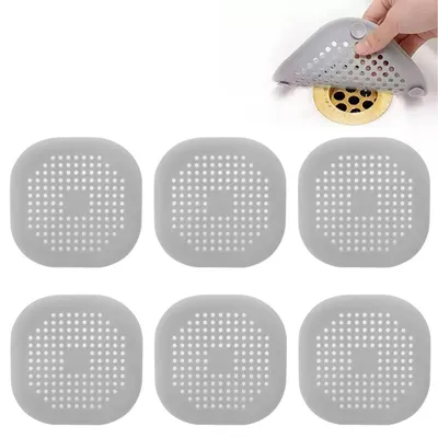 Obrázek produktu pro Síťka do odtoku, silikonová, čtvercová, šedá, 6 kusů, s přísavkami, vhodná do sprchy, vany a kuchyně
