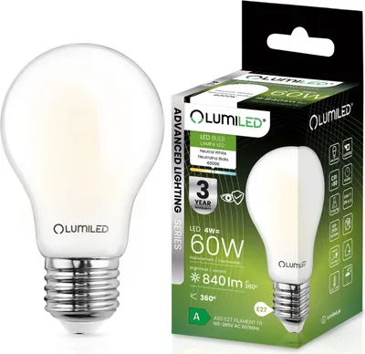 Produktbild von LUMILED A60 E27 LED Lampe, 4W (ersetzt 60W), 840 Lumen Leuchtmittel, 4000K neutralweiß Birnen Lampen, Nicht Dimmbar, Glas, 360° Grad Strahlwinkel Energiesparlampe Tropfen