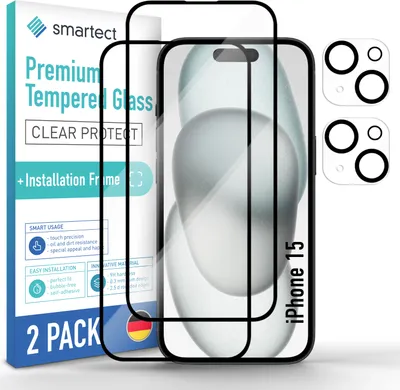 Produktbild von 2x Schutzglas Full Screen Klar für iPhone 15 Anbringhilfe + 2x Kameraschutz