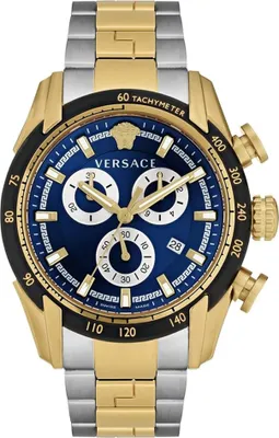 A close-up studio shot of a men's chronograph watch with a blue dial, gold and silver band, and gold accents.