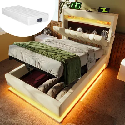 Image de okwish Lit coffre 90×200 cm, tête de lit avec rangement, ports USB/Type-C, LED, avec matelas – gris