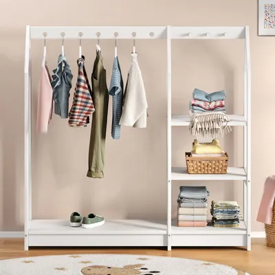 Produktbild von Kinder Kleiderständer SALLY, weiß - Kinderzimmer Schrank Hausform, offener Kleiderschrank nach Montessori aus Kiefer mit 7 Löchern für Kleiderbügel, 4 Ablageböden, Garderobenständer