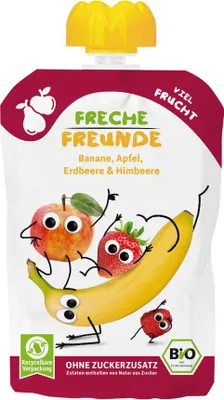MUS BANAN - JABŁKO - TRUSKAWKA - MALINA BEZ DODATKU CUKRÓW BEZGLUTENOWY OD 6 MIESIĄCA BIO 100 g - FRECHE FREUNDE