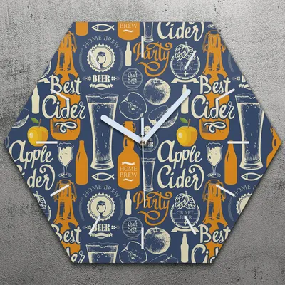 Produktbild von Uhr hexagonal 40 cm Glas Geräuschlos weiße Zeiger - Bier Apfelwein und Apfel