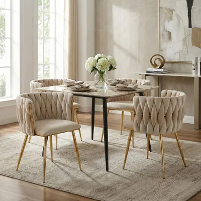 Immagine prodotto di LVHOM Sedie da pranzo Sedia da salotto rivestita in velluto Set di 4 sedie imbottite Stile intrecciato, Sedia da pranzo, Struttura in metallo dorato, Avorio