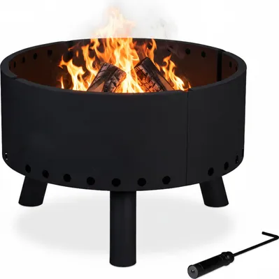 Produktbild von Relaxdays Feuerschale, Hitzeschild, Schürhaken, hoher Rand für Flammenschutz, Feuerkorb, HxD: 40,5 x 58,5 cm, schwarz