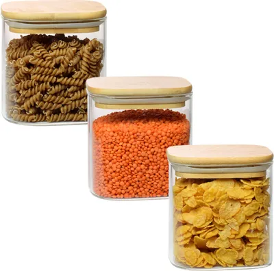 Produktbild von gouveo 3er Set Vorratsdose 800 ml eckig aus Borosilikatglas mit Deckel - Aufbewahrungsglas für Küche, Haushalt, Freizeit - Hochwertiger Glasbehälter
