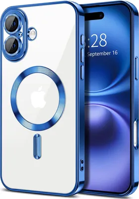 Immagine prodotto di Custodia magnetica trasparente per iPhone 16, compatibile con MagSafe, custodia protettiva galvanica con protezione della fotocamera Blu