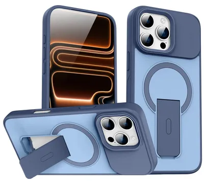 Produktbild von Magnet Ständer Hülle für iPhone 14 Pro, Kompatibel mit MagSafe, Matt Rückseite Stoßfeste Handyhülle Blau