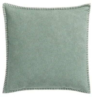 A square pillow with a green fabric and white stitching around the edges, presented on a white background.