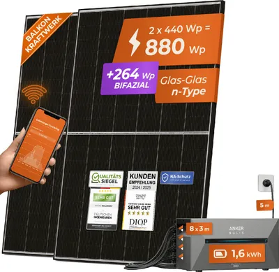 Produktbild von Solarway® 880W Balkonkraftwerk 800W komplett Steckdose Anker SOLIX Solarbank 2 E1600 Pro 1,6 kWh Speicher - 440W bifaziale Solarmodule