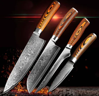 Produktbild von Hochwertiges 4-teiliges Messer Set Carbon V10 Edelstahl Kohlenstoff-Klinge 62 Lagen Kochmesser Santokumesser Ausbeinmesser Gemüsemesser