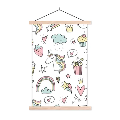 Produktbild von MuchoWow® Textilposter Schnittmuster - Einhorn - Kinder - Mädchen - Regenbogen - Pastell 40x60 cm mit holzfarbenen Rahmen - Poster