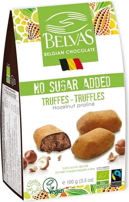 CZEKOLADKI BELGIJSKIE TRUFLE Z ORZECHAMI LASKOWYMI BEZ DODATKU CUKRÓW FAIR TRADE BEZGLUTENOWE BIO 100 g - BELVAS