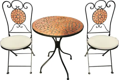 A bistro set with a round mosaic table and two chairs with cream seat cushions, displayed on a white background.