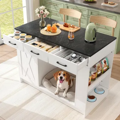 Produktbild von Kücheninsel Weiß 120x60x90 cm mit 3 Schubladen, Gewürzablage & verstellbaren Regalböden, multifunktionaler Schrank mit Haustierbereich