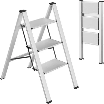 Produktbild von Aluminium Klapptritt - 3-stufige Klappleiter/Trittleiter - Breite rutschfeste Stufen - Leicht - 150 kg Tragkraft - Silber