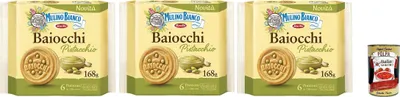 Produktbild von Mulino Bianco Baiocchi Pistacchio, Pistazienkekse, Pistaziengebäck, Kekse mit Pistazien und Mürbeteig, ideal für Frühstück oder Snack, Palmölfrei, 3x 168 g + Italian Gourmet polpa 400g