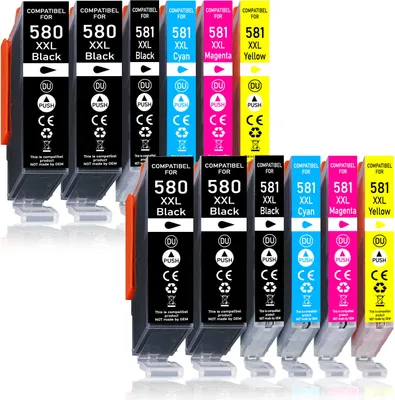A collection of multi-colored printer ink cartridges arranged in two rows.