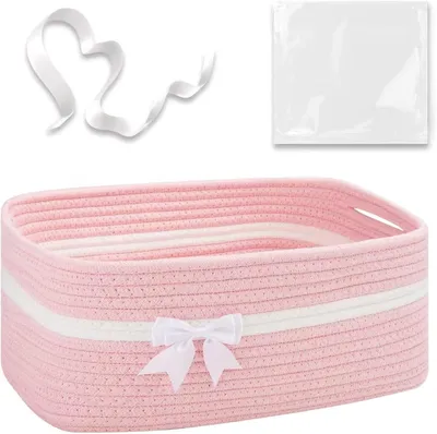 Imagen del producto de Cesta de almacenamiento tejida en algodón, 34 x 25 x 15 cm, color rosa, para habitación infantil