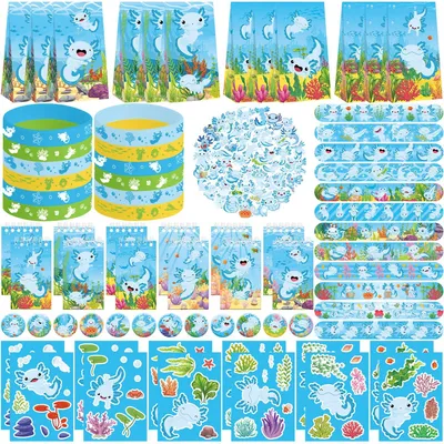 Axolotl Partyartikel Set – 12 Geschenktüten, Sticker, Armbänder