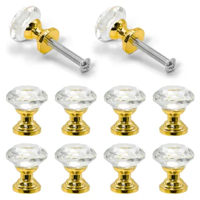 Produktbild von 10 Kristall-Schubladenknöpfe, Schrankknöpfe, drehbare Türknöpfe, elegante 20-mm-Schrankknöpfe, Glitzerknöpfe für Sideboards, Schubladenknöpfe mit goldener Basis, Schachtelknöpfe mit Schrauben