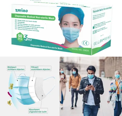 Image de 50x Masques buccaux médicaux jetables à 3 couches - Bleu