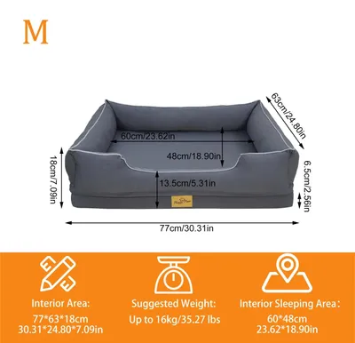 Produktbild von Orthopädisches Hundebett - Hundesofa - 77 x 63 x 18 cm - Abnehmbarer, maschinenwaschbarer Bezug - Schaumstoffboden und Randpolster - Atmungsaktive Baumwolle - Dunkelgrau
