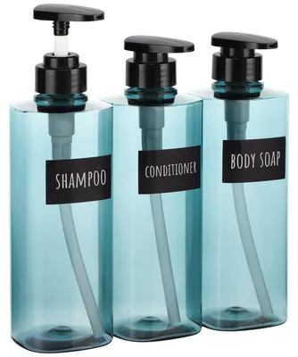 Produktbild von Blauer Seifenspender, Küchenseifenspender, 3 leere 500-ml-Pumpspender, Kunststoff, nachfüllbar, Spenderflasche mit Etiketten für Küche und Bad