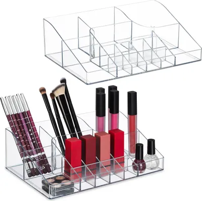 Produktbild von Relaxdays Make Up Organizer, 2er Set, 14 Fächer, Nagellack, Lippenstfit, Kunststoff, Kosmetikorganizer, transparent