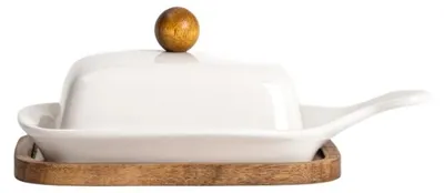 Zdjęcie produktu dla HOMLA Maselniczka FINCAN porcelanowa z akacjową podstawką 22 cm