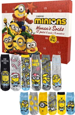 Produktbild von Minions Adventskalender mit 12 Paar Socken Größe 35-41 für Damen Weihnachtskalender mit Sneakers und langen Socken