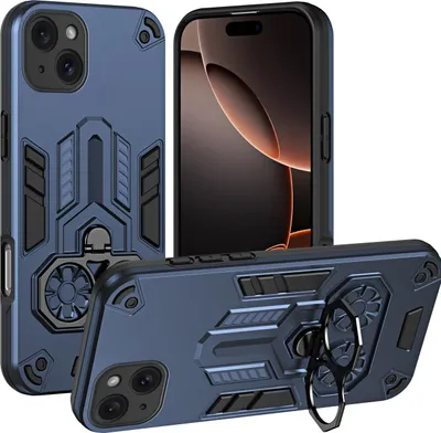 Image de Coque pour iPhone 15 Plus, coque double couche PC+TPU, coque antichoc avec anneau métallique et support Bleu