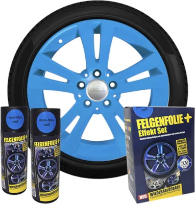 Produktbild von mibenco Felgenfolie + Effekt Set 2×400 ml Neonblau – Sprühfolie für Felgen