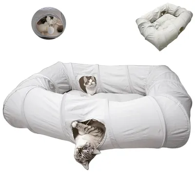 Image de Tunnel pliable pour chat, avec jouet et coussin, lot de 2, couleur grise