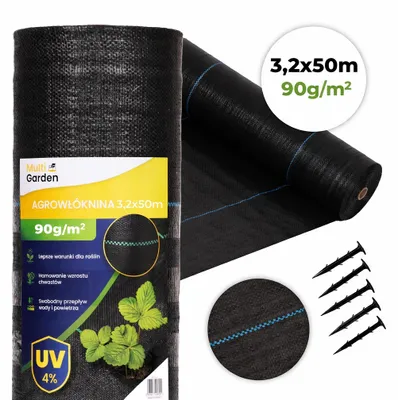 Produktbild von Schwarzes Agrowebgewebe, UV-beständig, 90 g, Unkrautvlies, 3,2 x 50 m, MulltiGarden-Heringe