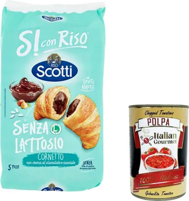 Produktbild von 3x Riso Scotti - Si con Riso - Croissants mit Schokoladencreme und Haselnüssen Laktosefrei, milcheiweißfrei und spurenfrei. + Italian Gourmet polpa 400g
