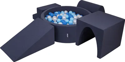 Produktbild von KiddyMoon spielplatz aus schaumstoff mit rund bällebad (300 bälle) ballgruben für babys spielbad hindernisläufen, hergestellt in der eu, dunkelblau:babyblue/blau/perle