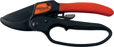 A pair of black and orange pruning shears with a red handle, shown against a white background.