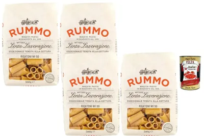 Produktbild von Rummo Italian Gourmet Bundle Rigatoni Pasta 4x500g + Italian Gourmet Polpa Gratis | Italienische Hartweizen Nudeln | Pasta für Tomatensauce, Ragù, Ofengerichte & mediterrane Küche
