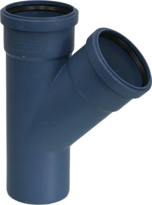 A dark blue pipe fitting with a Y-shape.