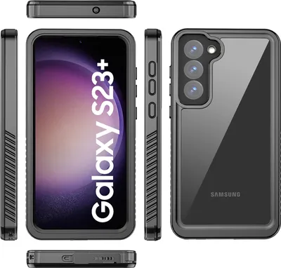 Multiple views of a black protective phone case for a Samsung Galaxy S23+.