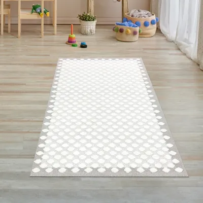 Produktbild von Kinderzimmer Teppich Babyzimmer gepunktet weich 3d-effekt grau creme Größe - 80 x 300 cm